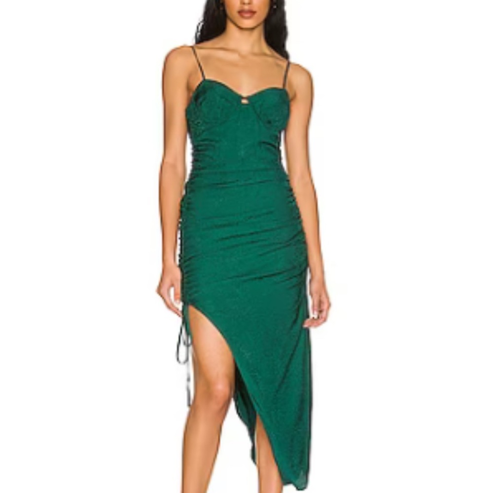 NBD Emerald Green Asymmetrical Ruched Slip Dress